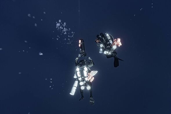 Two individuals are engaged in scuba diving, navigating through the depths of the ocean. They are equipped with diving suits, ox
