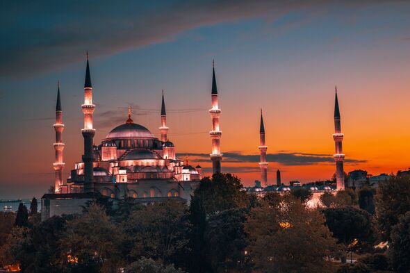 The majestic Sultan Ahmed Blue Mosque. Sunset view, Turkiye, Istanbul landmark. Historic city architecture