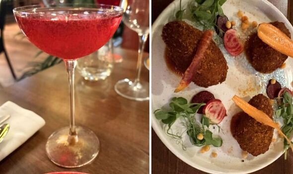 Split screen of Colonel Saab Kinky Boots themed cocktail and starter