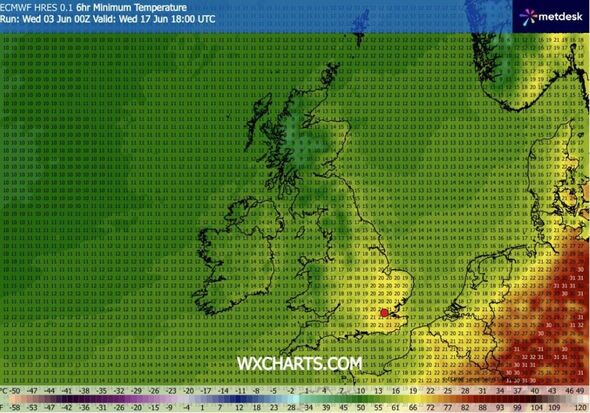 Temperatures in the UK on June 17