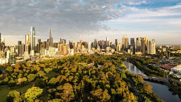 Aerial Panorama of Melbourne's Iconic Skyline, Yarra River, and Lush Royal Botanic Gardens at Golden Hour